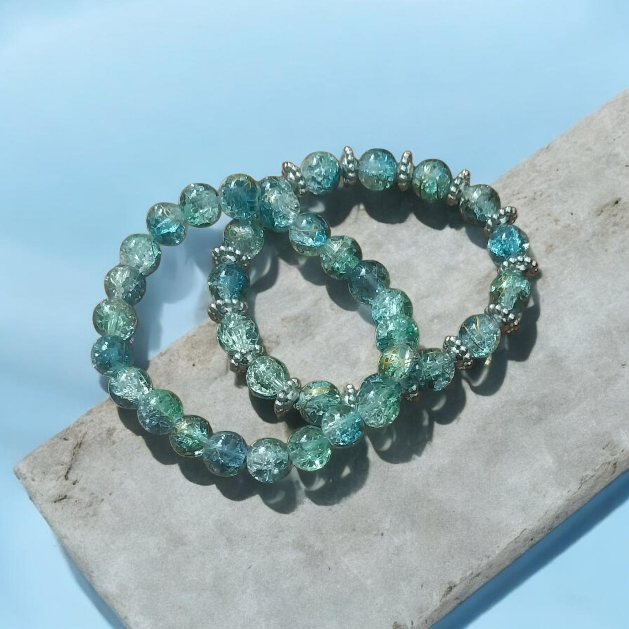 Greenish blue glass beaded bracelet set