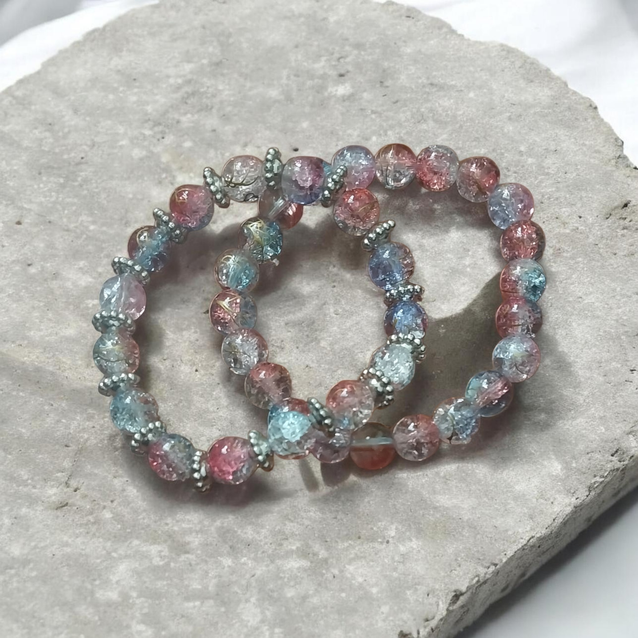 Pinkish blue glass beaded bracelet set